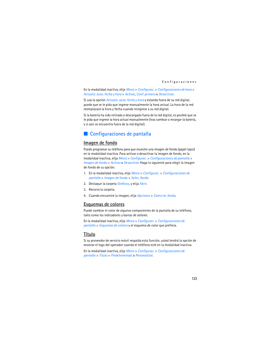 Configuraciones de pantalla, Imagen de fondo, Esquemas de colores | Título | Nokia 2125i User Manual | Page 124 / 161