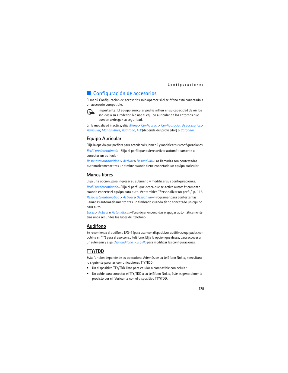 Configuración de accesorios, Equipo auricular, Manos libres | Audífono, Tty/tdd | Nokia 2125i User Manual | Page 126 / 161