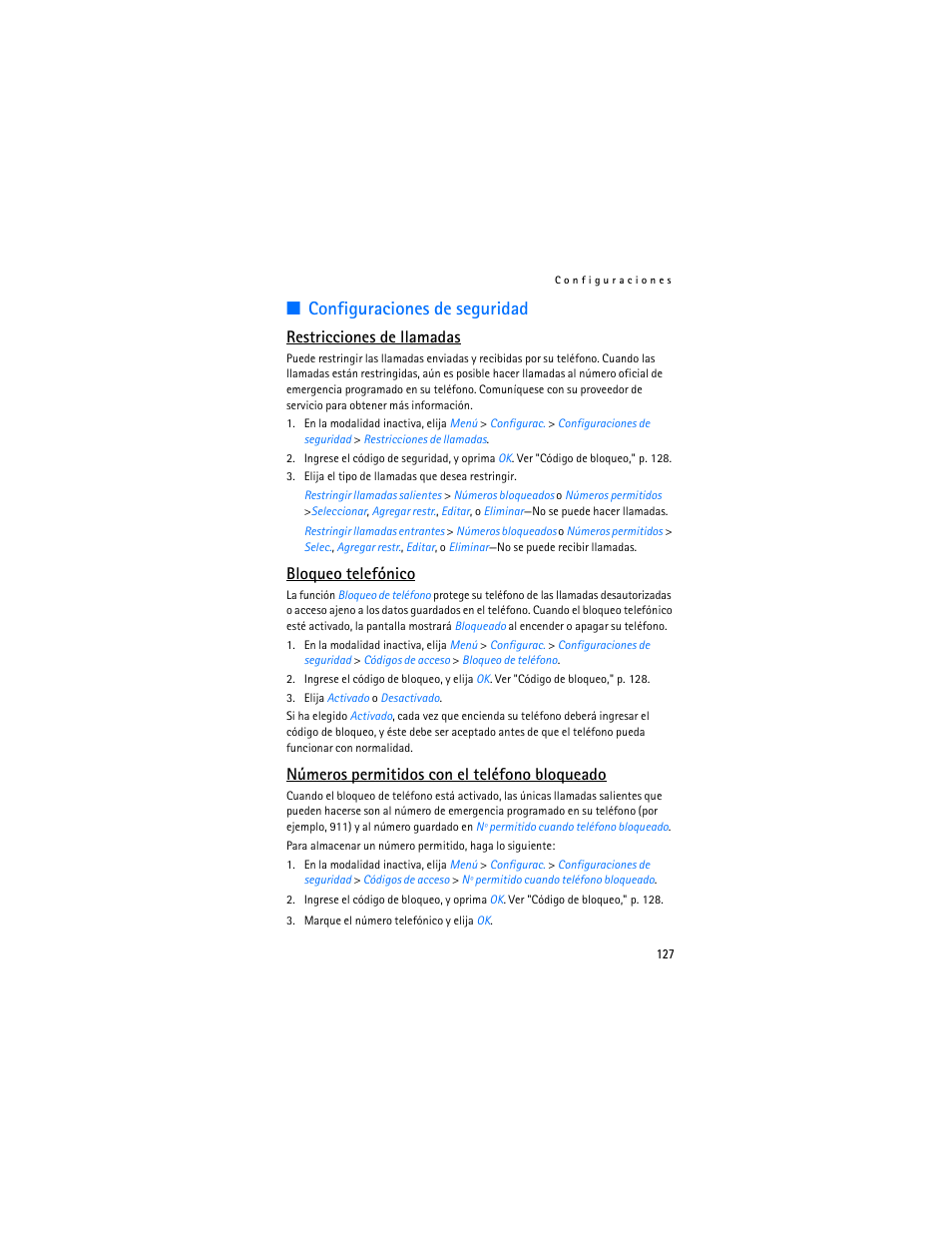 Configuraciones de seguridad, Configuraciones de, Seguridad | R "configuraciones de, Restricciones de llamadas, Bloqueo telefónico, Números permitidos con el teléfono bloqueado | Nokia 2125i User Manual | Page 128 / 161