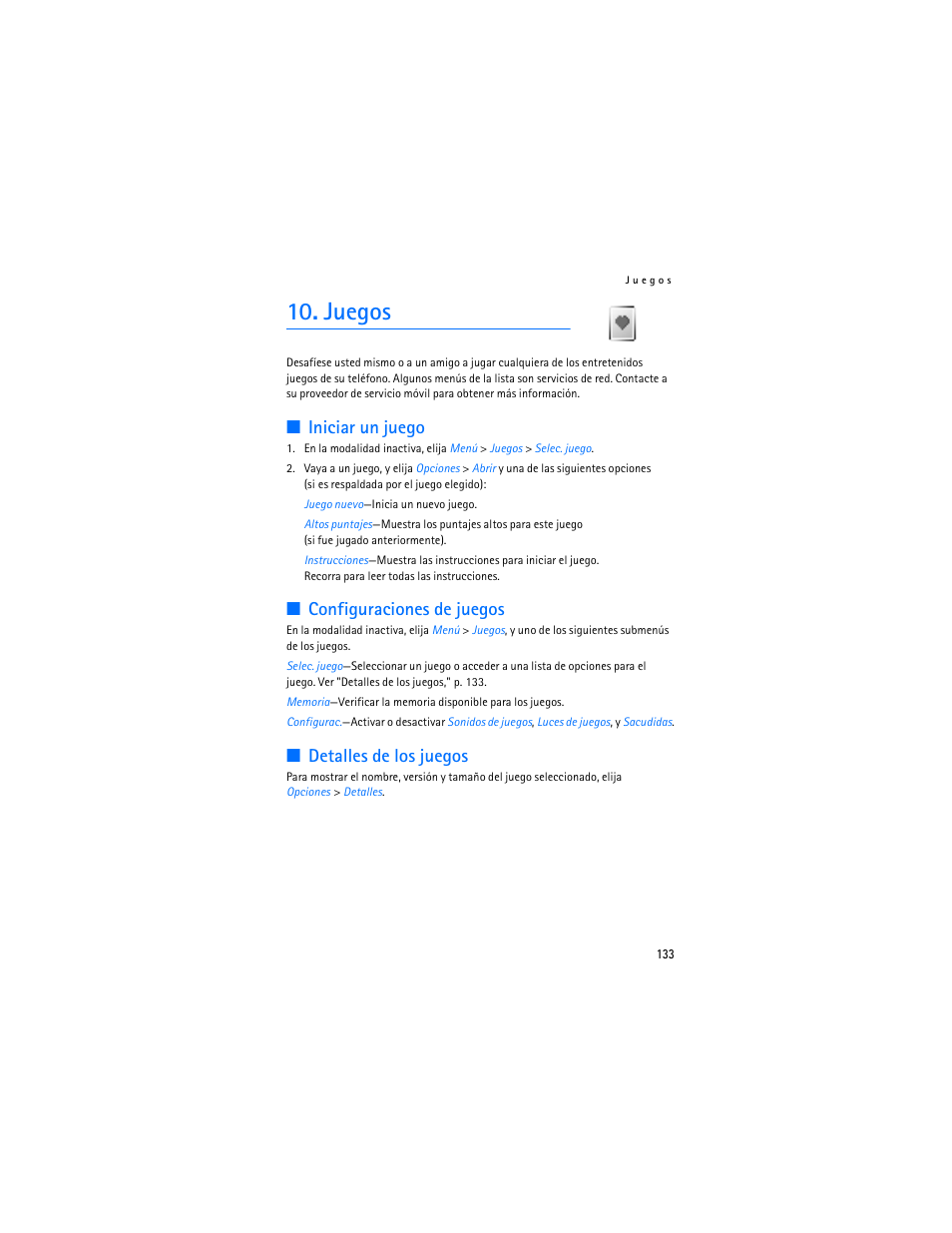 Juegos, Iniciar un juego, Configuraciones de juegos | Detalles de los juegos | Nokia 2125i User Manual | Page 134 / 161