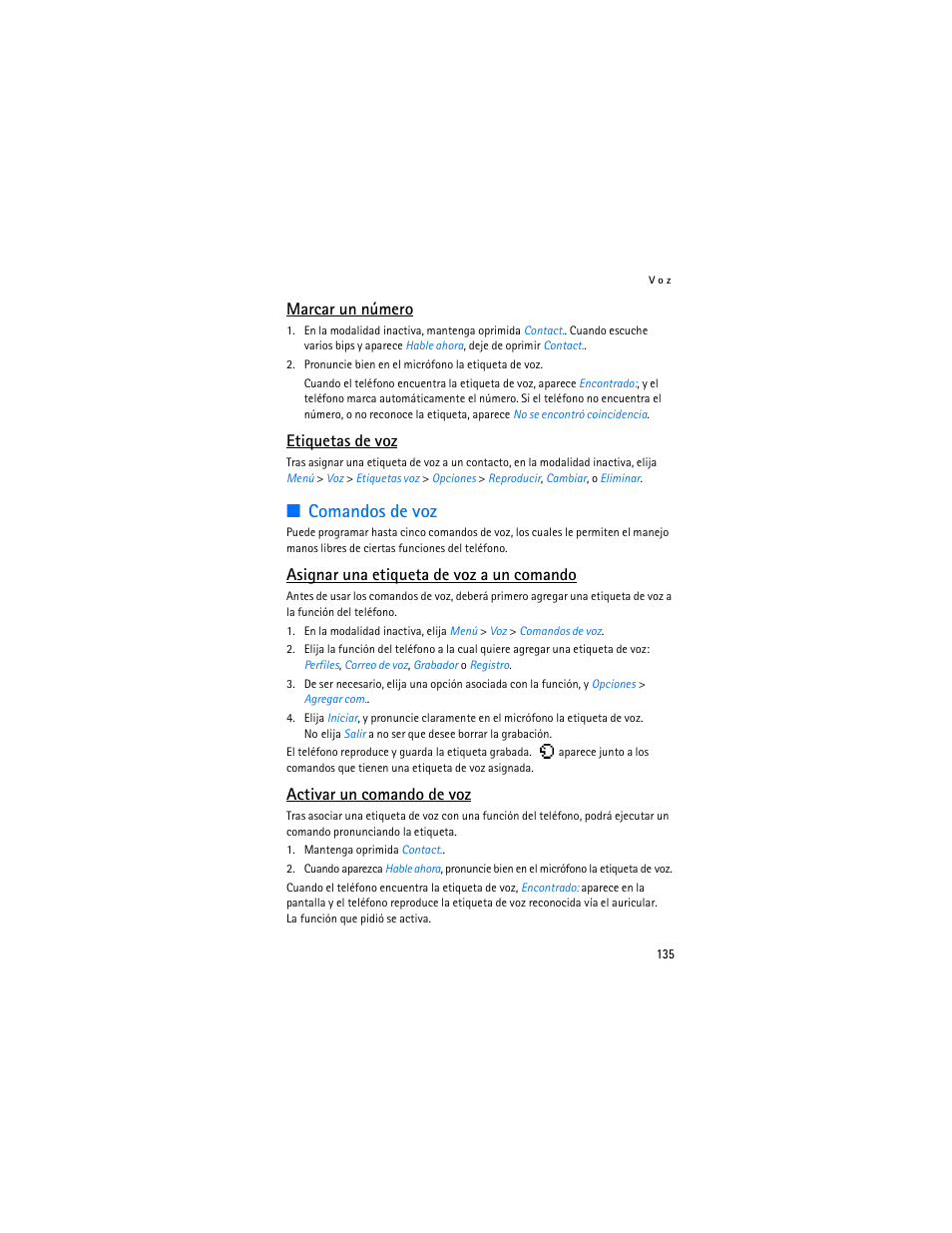 R "etiquetas de voz, Comandos de voz, Marcar un número | Etiquetas de voz, Asignar una etiqueta de voz a un comando, Activar un comando de voz | Nokia 2125i User Manual | Page 136 / 161