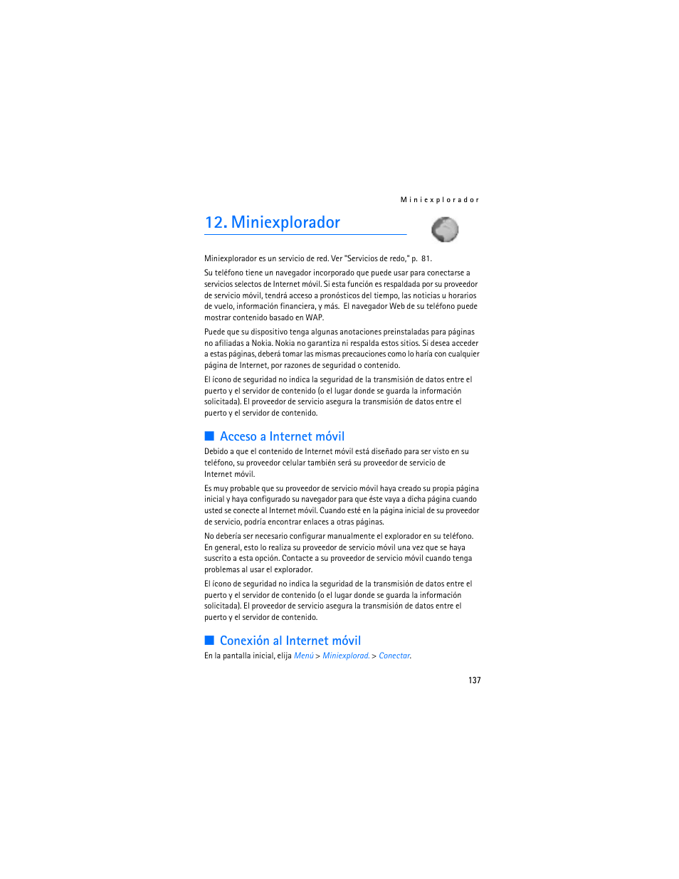 Miniexplorador, Acceso a internet móvil, Conexión al internet móvil | Nokia 2125i User Manual | Page 138 / 161