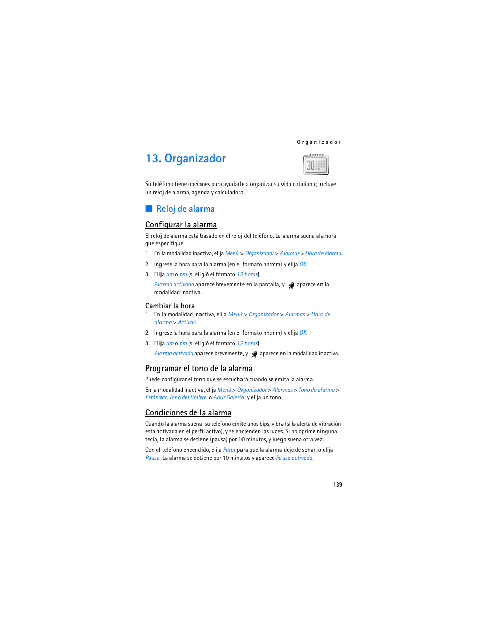 Organizador, Reloj de alarma, Configurar la alarma | Programar el tono de la alarma, Condiciones de la alarma | Nokia 2125i User Manual | Page 140 / 161