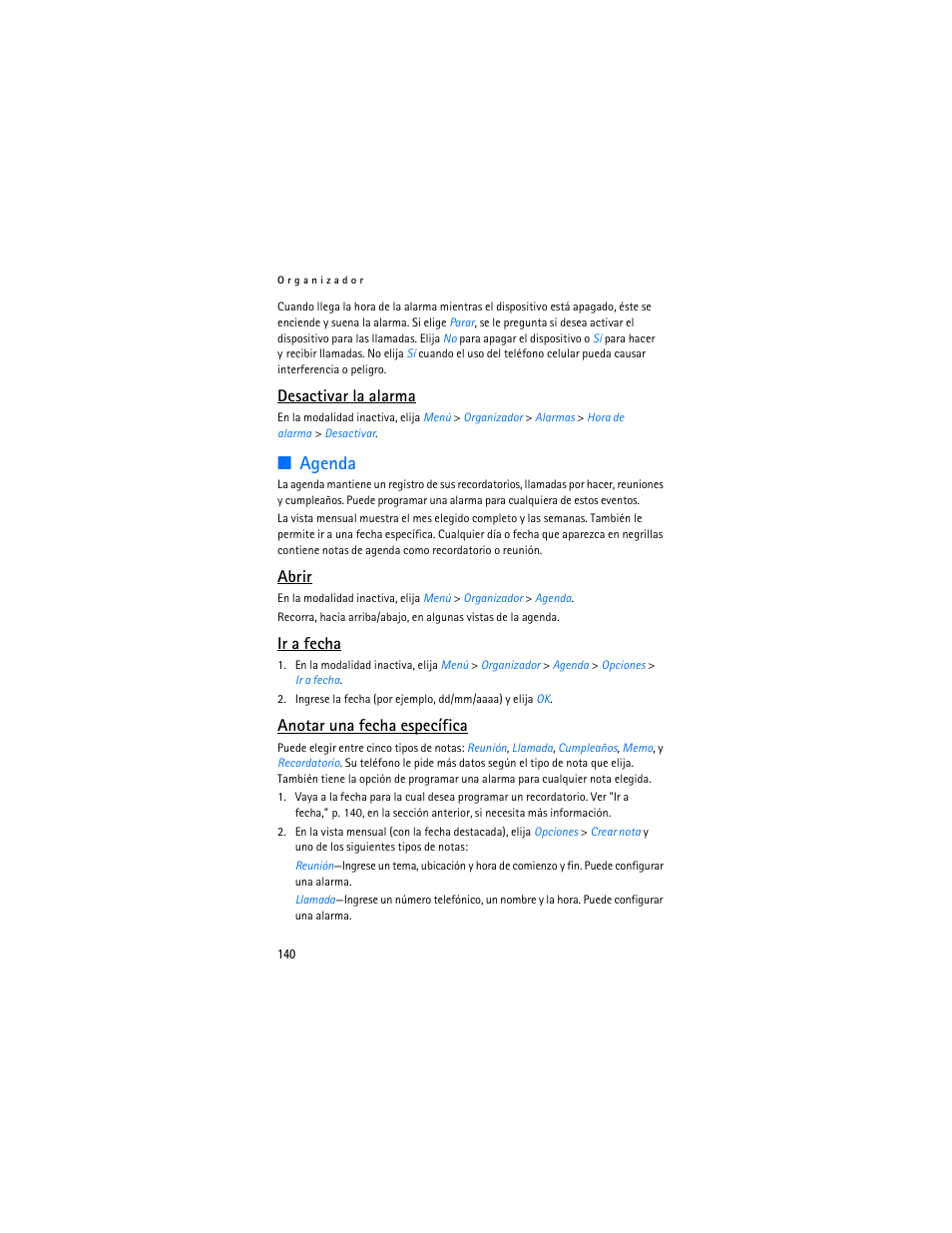 Agenda, Desactivar la alarma, Abrir | Ir a fecha, Anotar una fecha específica | Nokia 2125i User Manual | Page 141 / 161