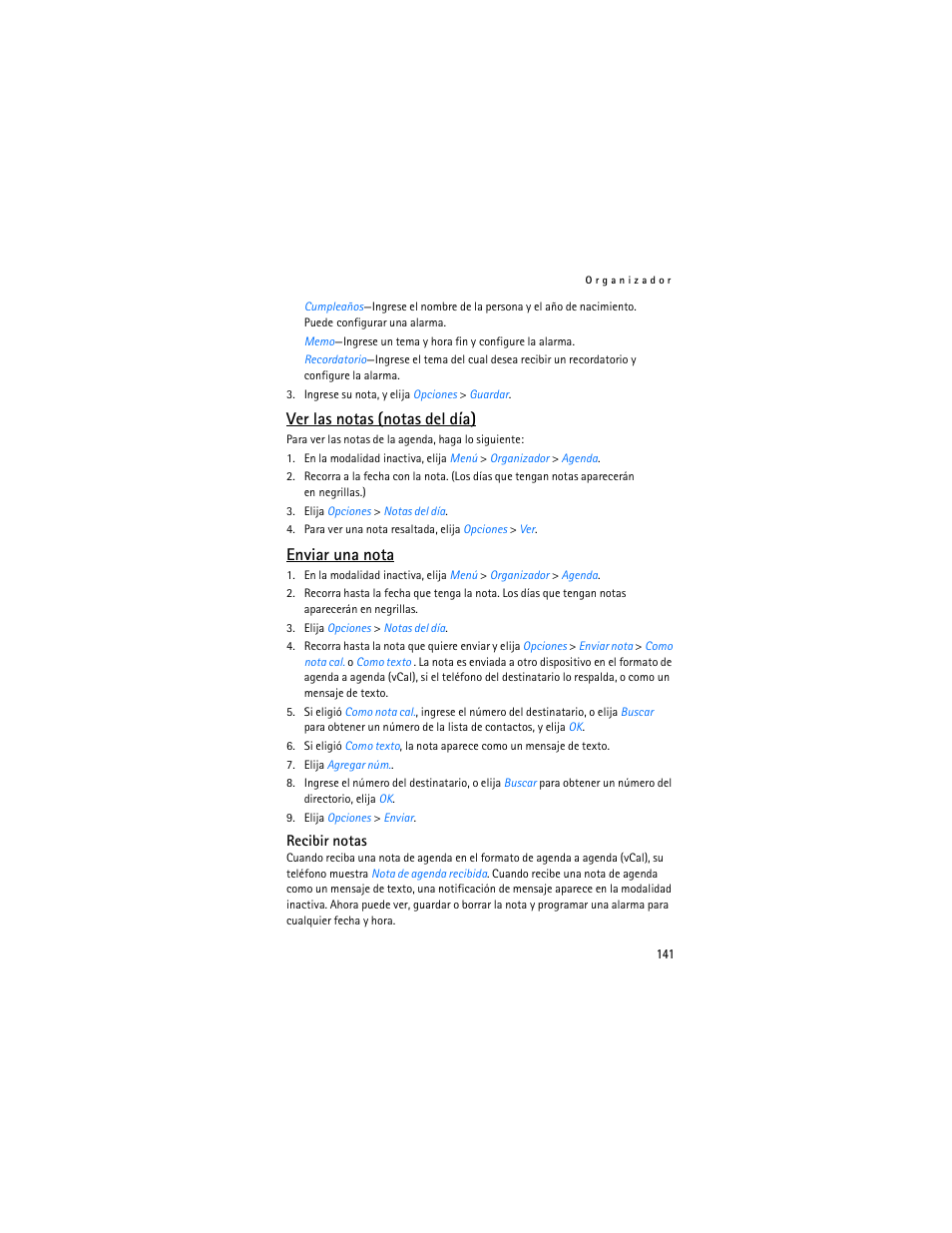 Ver las notas (notas del día), Enviar una nota | Nokia 2125i User Manual | Page 142 / 161