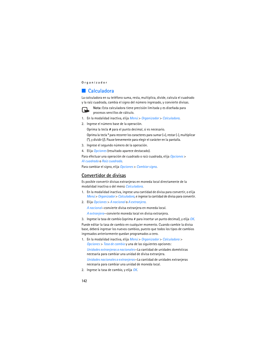 Calculadora, Convertidor de divisas | Nokia 2125i User Manual | Page 143 / 161