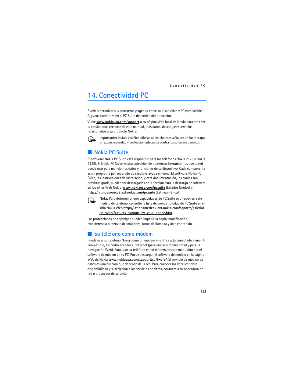 Conectividad pc, Nokia pc suite, Su teléfono como módem | Nokia 2125i User Manual | Page 144 / 161