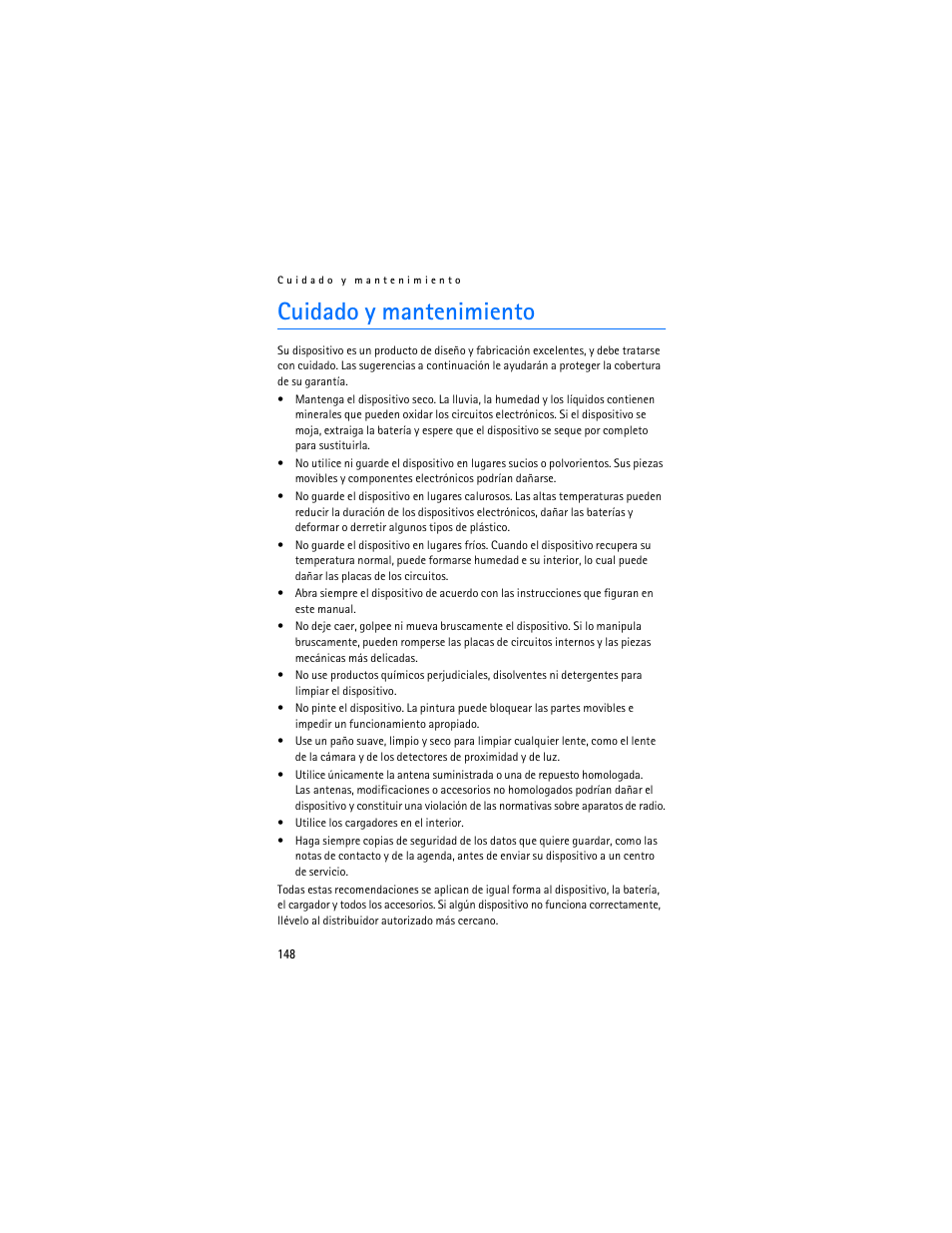 Cuidado y mantenimiento | Nokia 2125i User Manual | Page 149 / 161