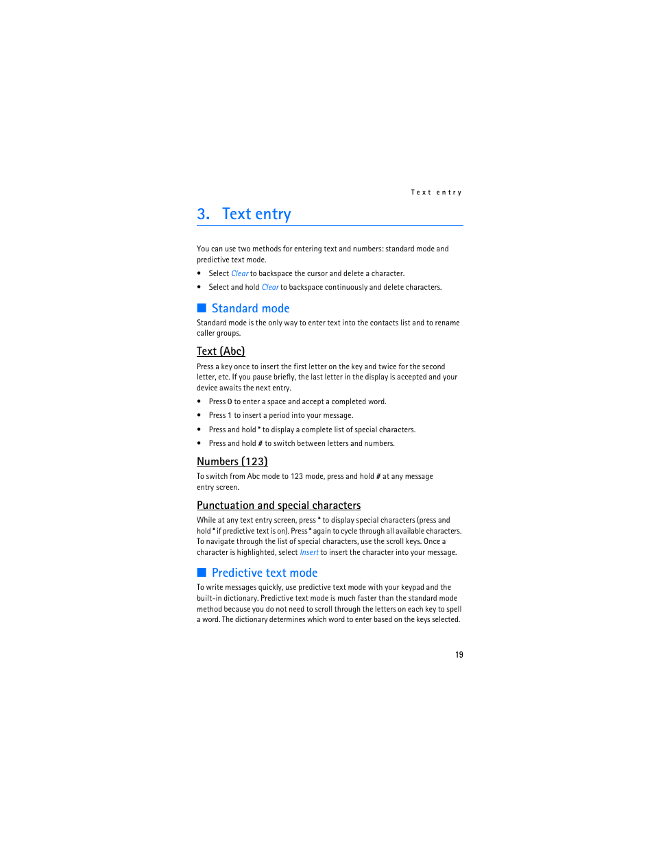 Text entry, Standard mode, Predictive text mode | Text (abc), Numbers (123), Punctuation and special characters | Nokia 2125i User Manual | Page 20 / 161