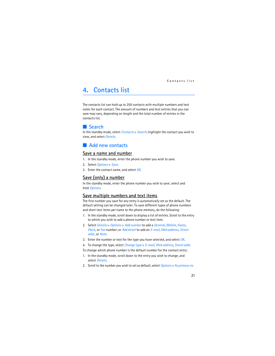 Contacts list, Search, Add new contacts | Save a name and number, Save (only) a number, Save multiple numbers and text items | Nokia 2125i User Manual | Page 22 / 161
