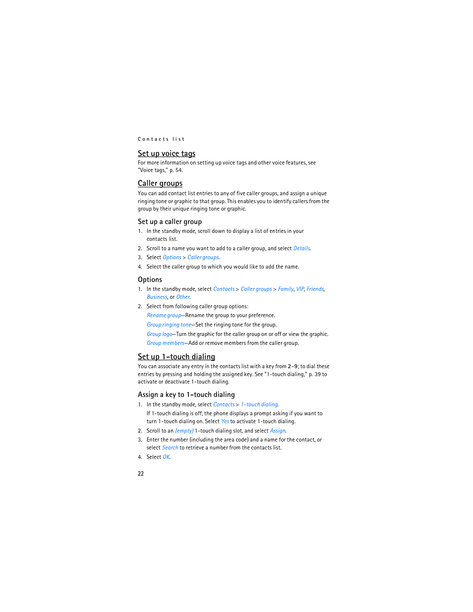 Set up voice tags, Caller groups, Set up 1-touch dialing | Nokia 2125i User Manual | Page 23 / 161