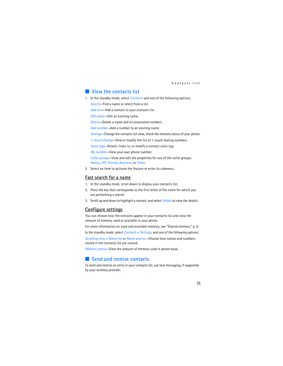 View the contacts list, Send and receive contacts, Fast search for a name | Configure settings | Nokia 2125i User Manual | Page 26 / 161