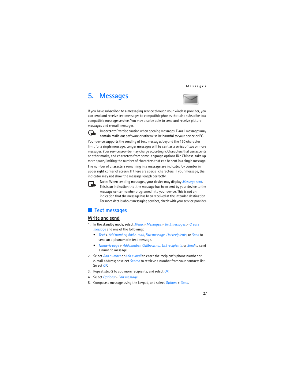 Messages, Text messages, Write and send | Nokia 2125i User Manual | Page 28 / 161