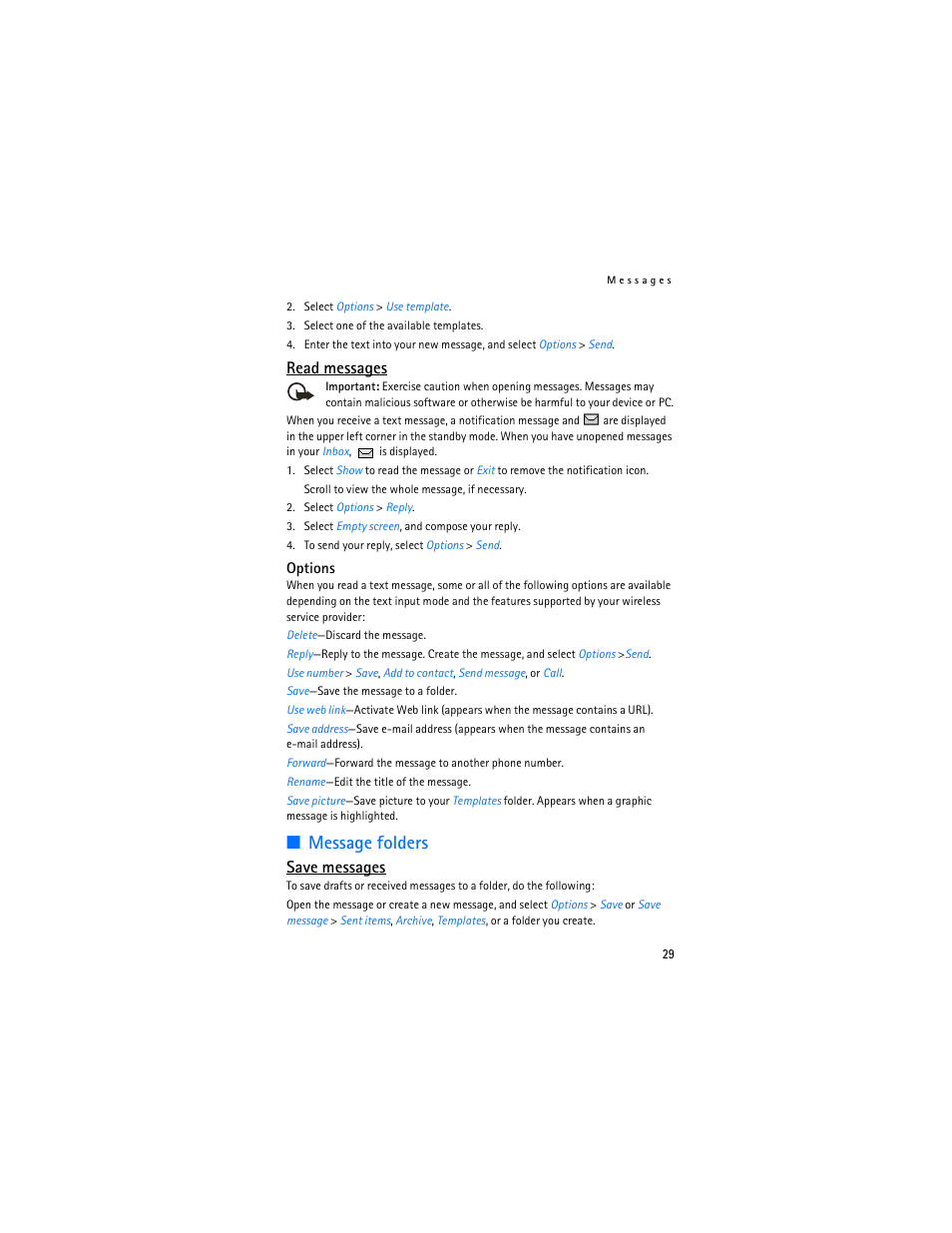 Message folders, Read messages, Save messages | Nokia 2125i User Manual | Page 30 / 161