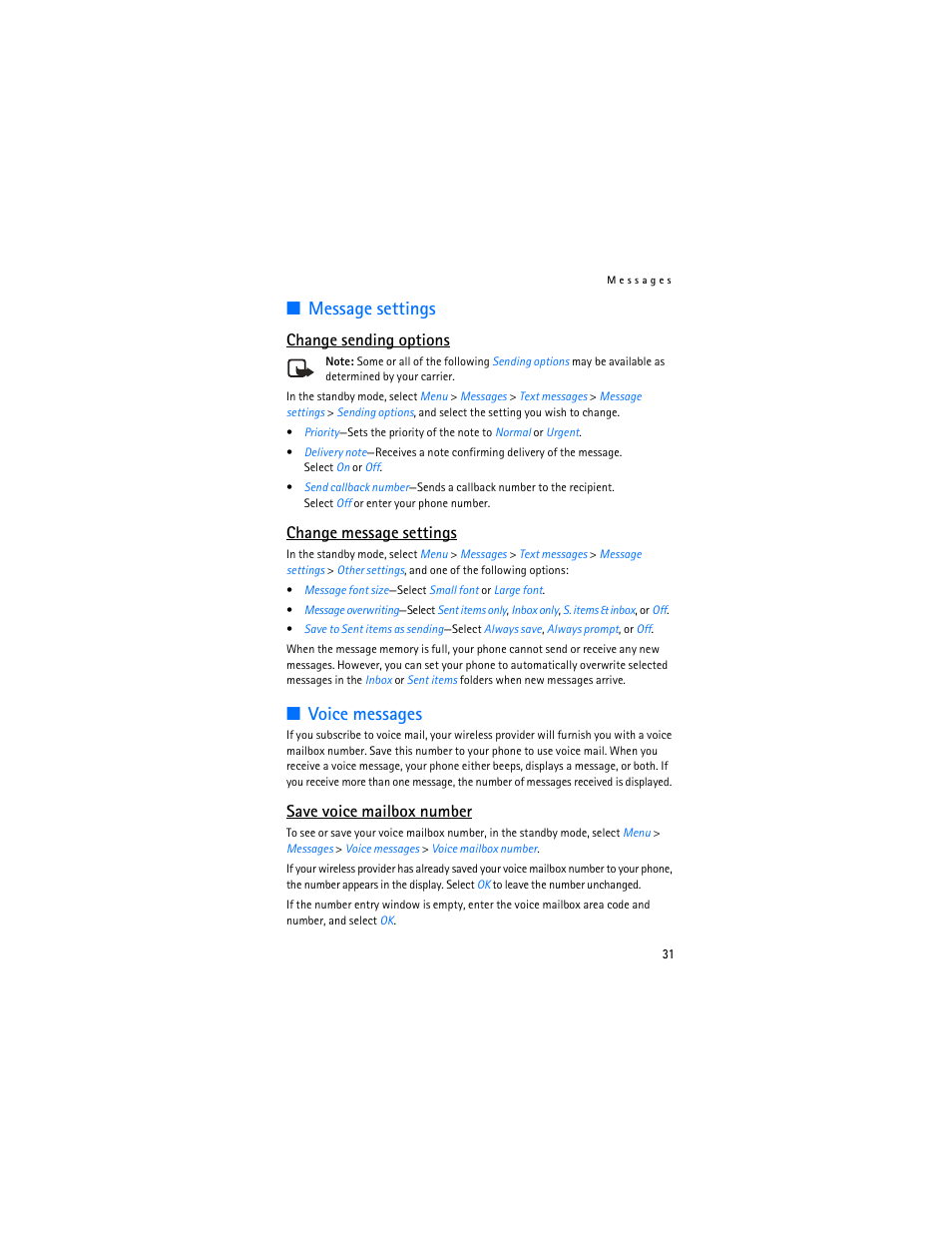 E "voice messages, Message settings, Voice messages | Change sending options, Change message settings, Save voice mailbox number | Nokia 2125i User Manual | Page 32 / 161