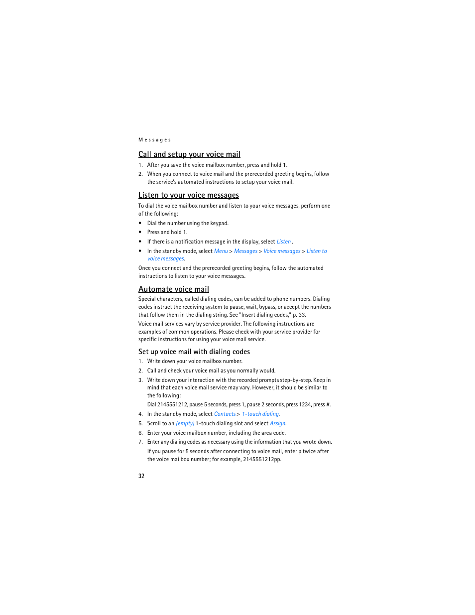 Call and setup your voice mail, Listen to your voice messages, Automate voice mail | Nokia 2125i User Manual | Page 33 / 161