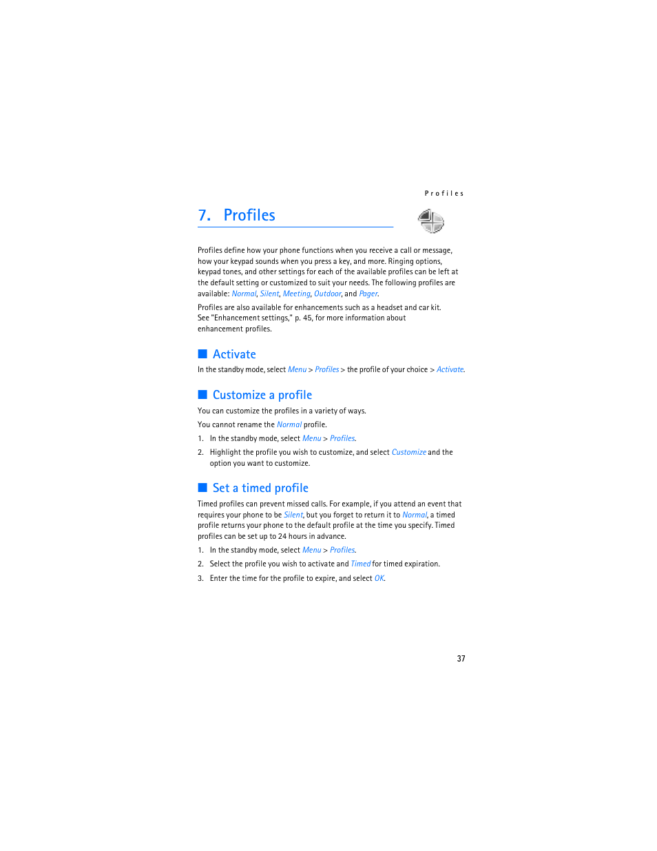 Profiles, Activate, Customize a profile | Set a timed profile | Nokia 2125i User Manual | Page 38 / 161