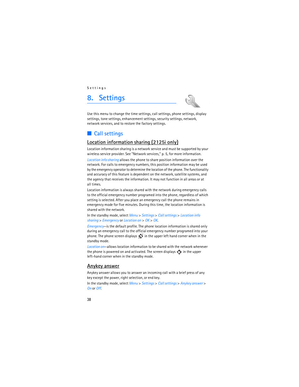 Settings, Location information sharing (2125i only), Call settings | Anykey answer | Nokia 2125i User Manual | Page 39 / 161