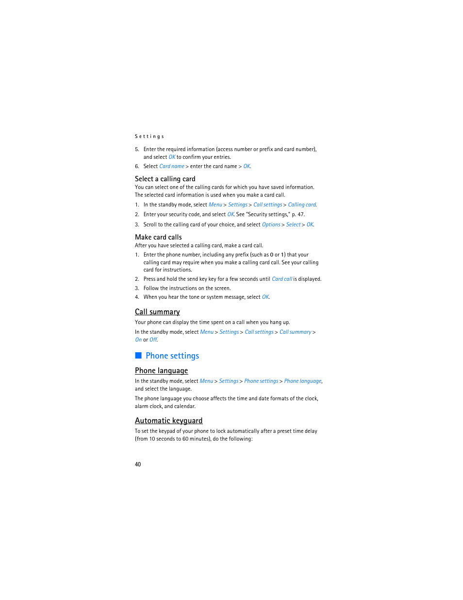 E "automatic keyguard, Phone settings, Call summary | Phone language, Automatic keyguard | Nokia 2125i User Manual | Page 41 / 161
