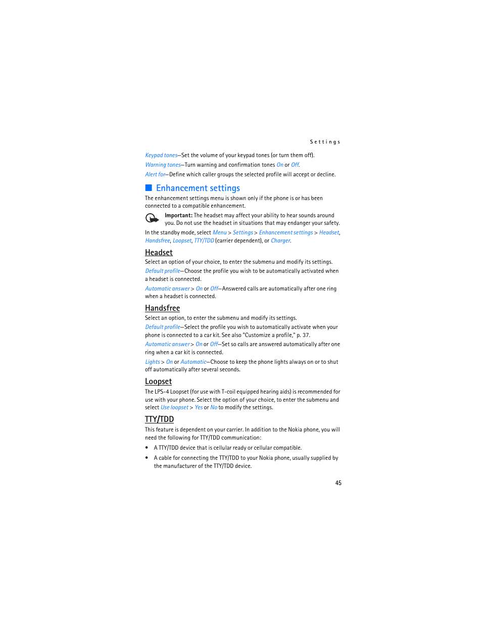 Enhancement settings, Headset, Handsfree | Loopset, Tty/tdd | Nokia 2125i User Manual | Page 46 / 161