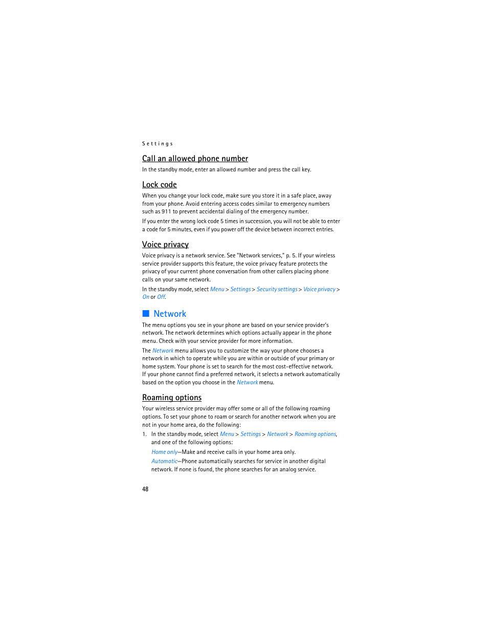 Roaming options, Lock code, Network | Call an allowed phone number, Voice privacy | Nokia 2125i User Manual | Page 49 / 161
