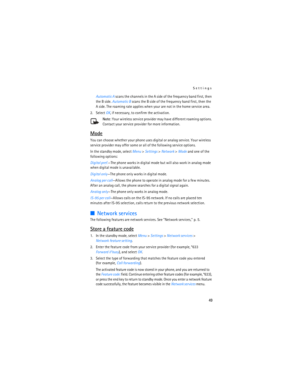Network services, Mode, Store a feature code | Nokia 2125i User Manual | Page 50 / 161