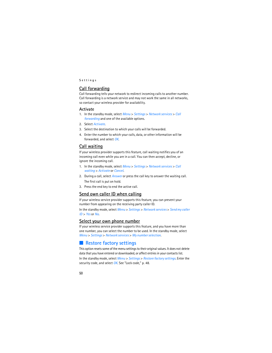Restore factory settings, Call forwarding, Call waiting | Send own caller id when calling, Select your own phone number | Nokia 2125i User Manual | Page 51 / 161