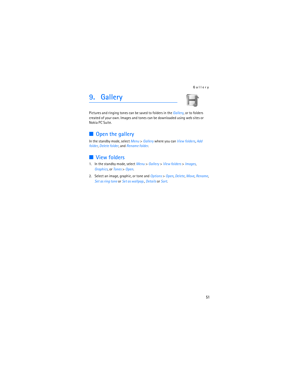 Gallery, Open the gallery, View folders | Nokia 2125i User Manual | Page 52 / 161