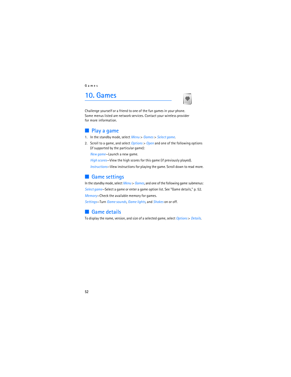 Games, Play a game, Game settings | Game details | Nokia 2125i User Manual | Page 53 / 161
