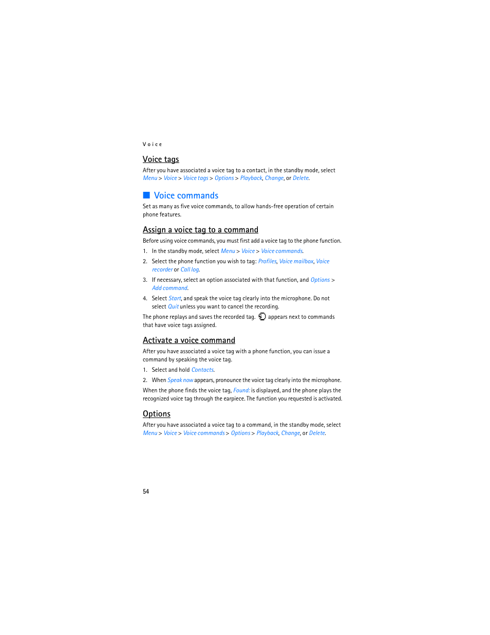 Voice tags, Voice commands, Assign a voice tag to a command | Activate a voice command, Options | Nokia 2125i User Manual | Page 55 / 161