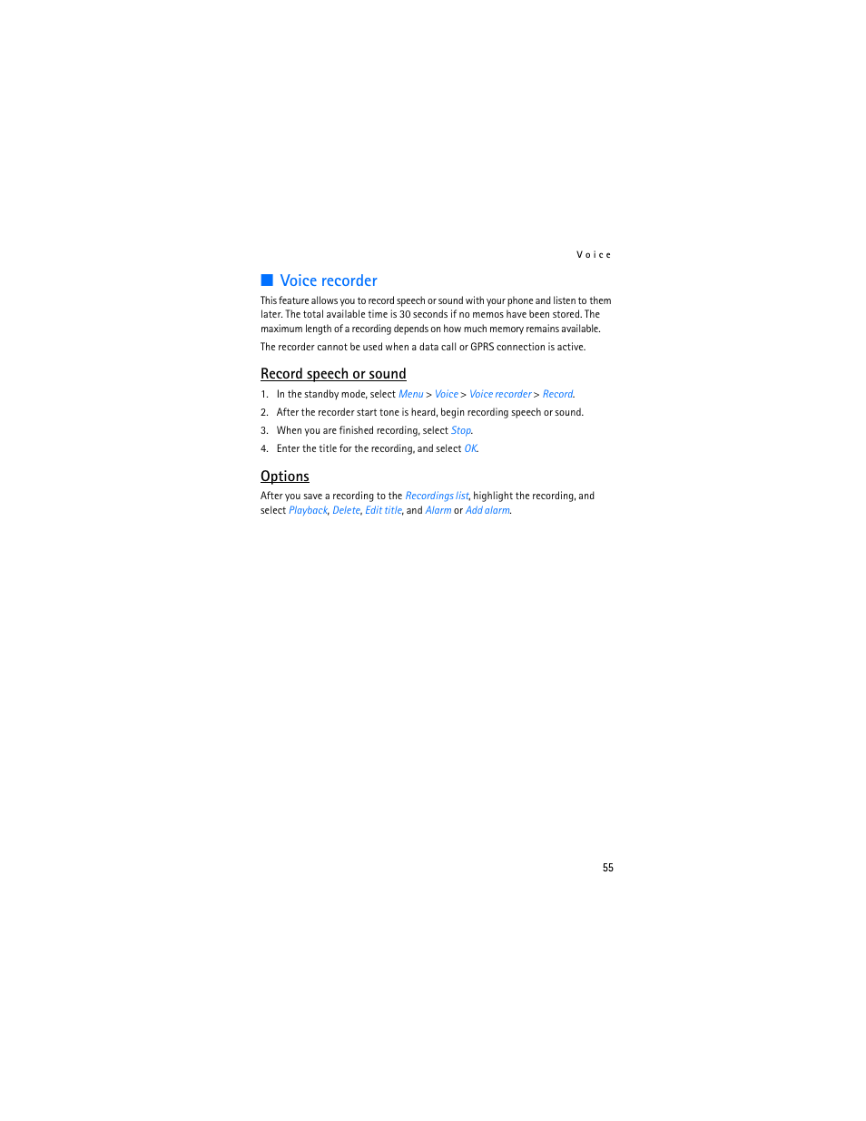 Voice recorder, Record speech or sound, Options | Nokia 2125i User Manual | Page 56 / 161