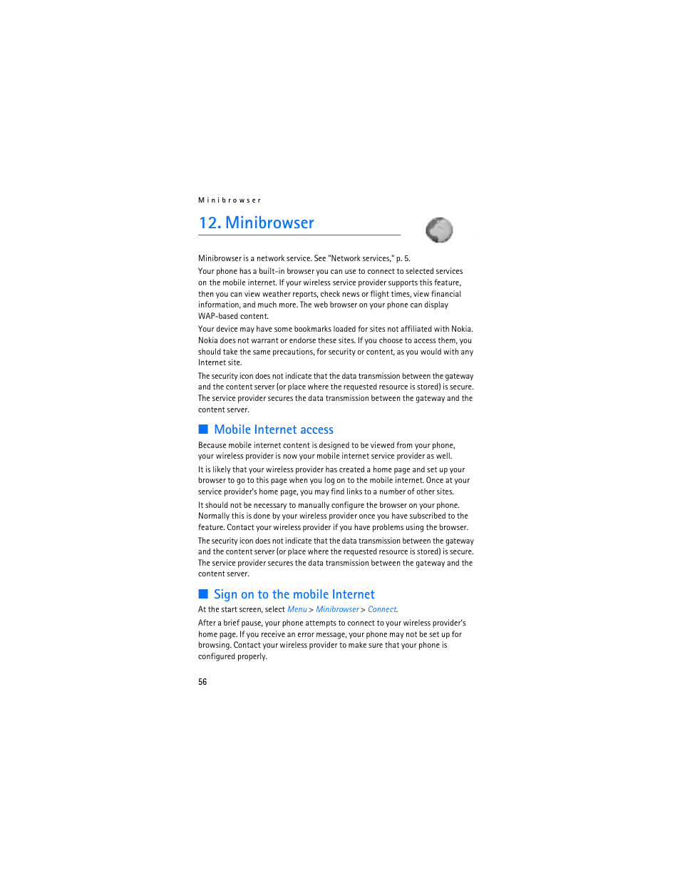 Minibrowser, Mobile internet access, Sign on to the mobile internet | Nokia 2125i User Manual | Page 57 / 161