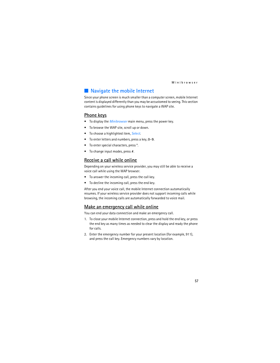 Navigate the mobile internet, Phone keys, Receive a call while online | Make an emergency call while online | Nokia 2125i User Manual | Page 58 / 161
