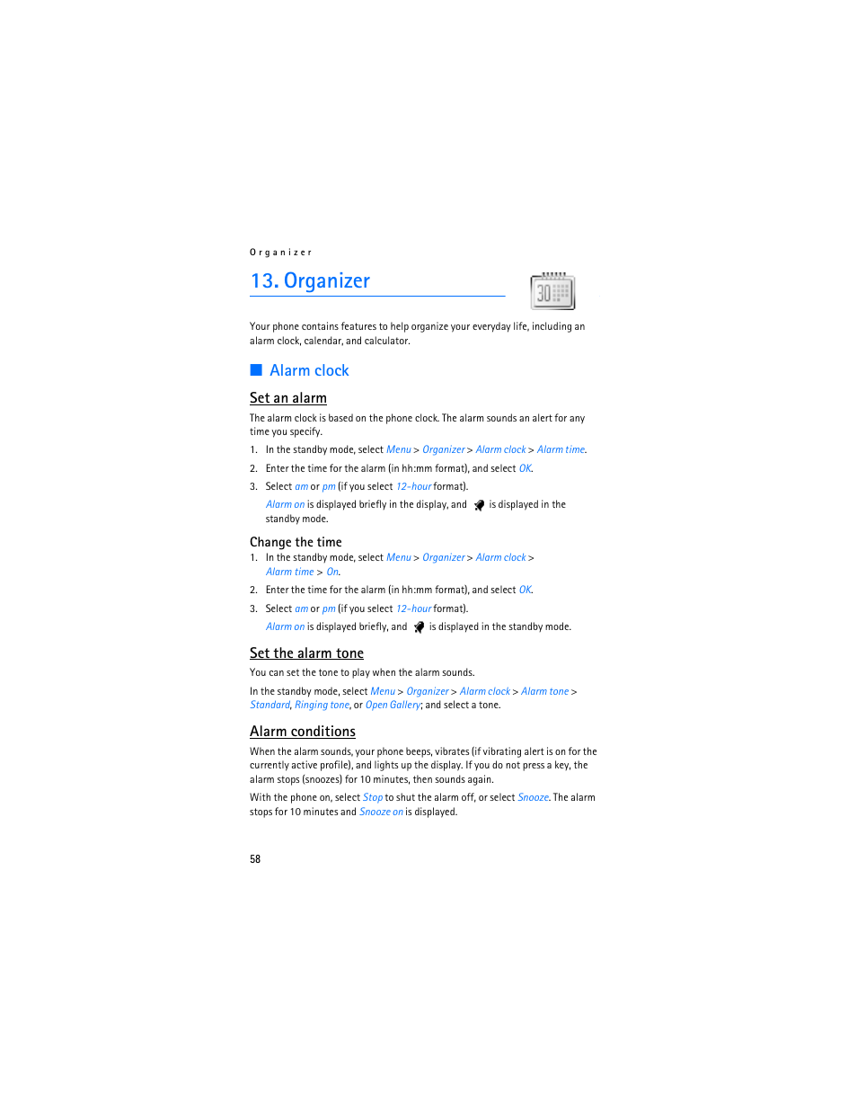 Organizer, Alarm clock, Set an alarm | Set the alarm tone, Alarm conditions | Nokia 2125i User Manual | Page 59 / 161