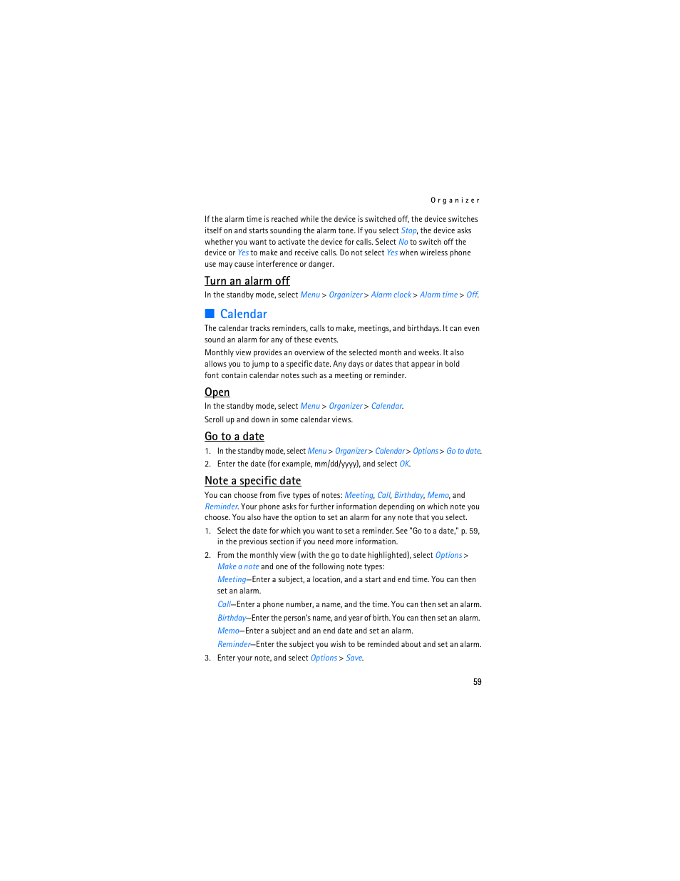 Calendar, Turn an alarm off, Open | Go to a date | Nokia 2125i User Manual | Page 60 / 161