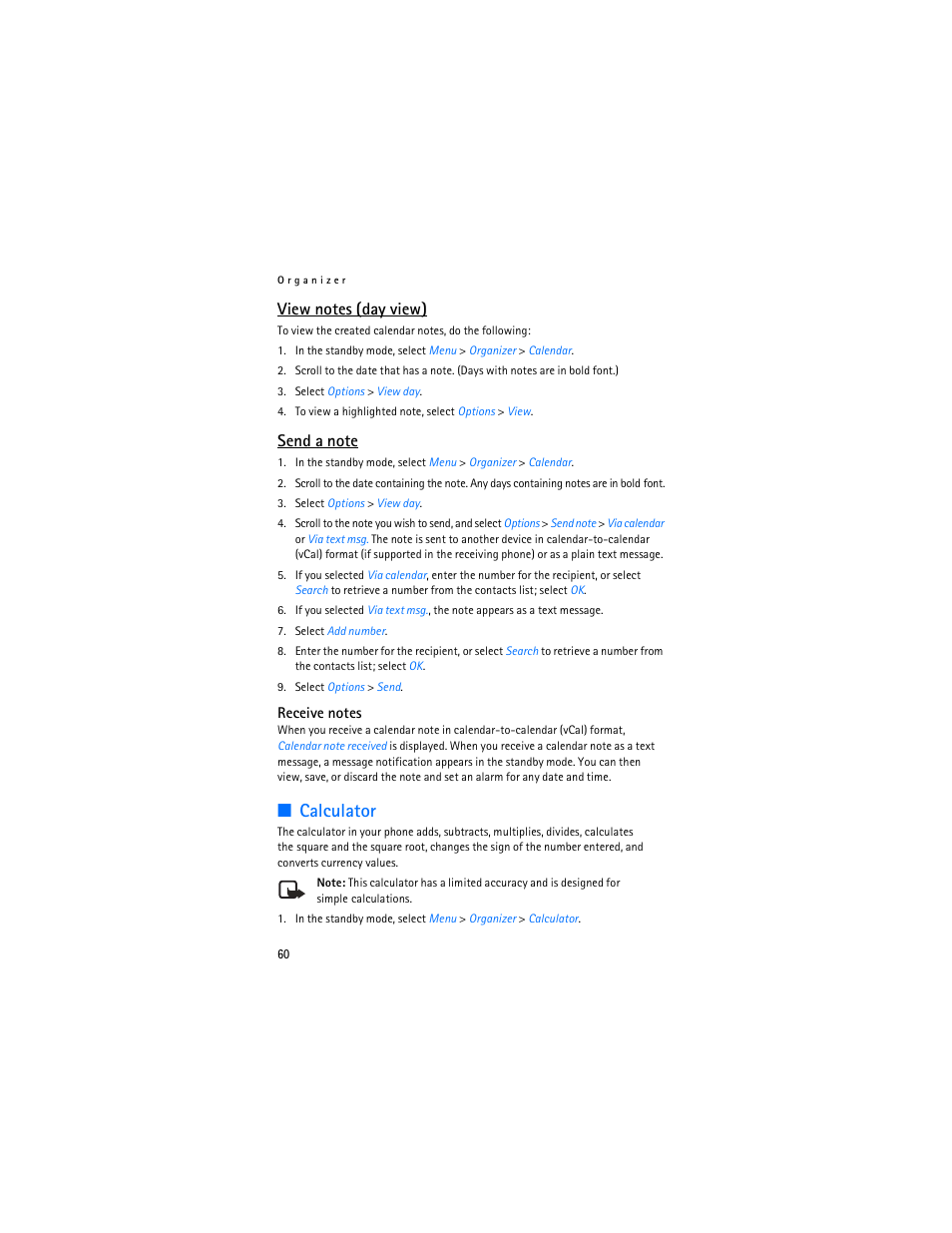 Calculator | Nokia 2125i User Manual | Page 61 / 161