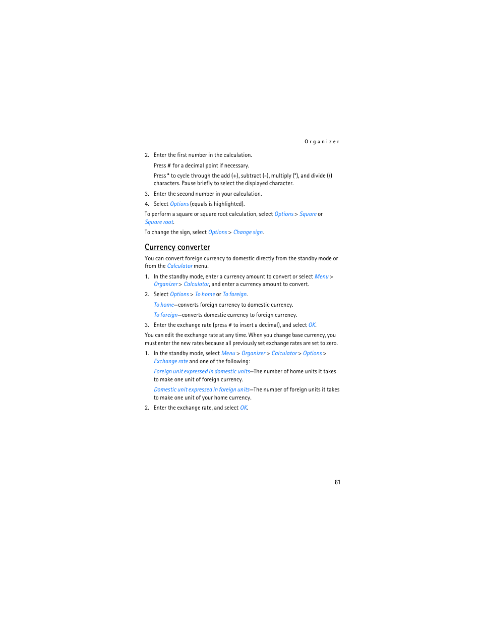 Currency converter | Nokia 2125i User Manual | Page 62 / 161
