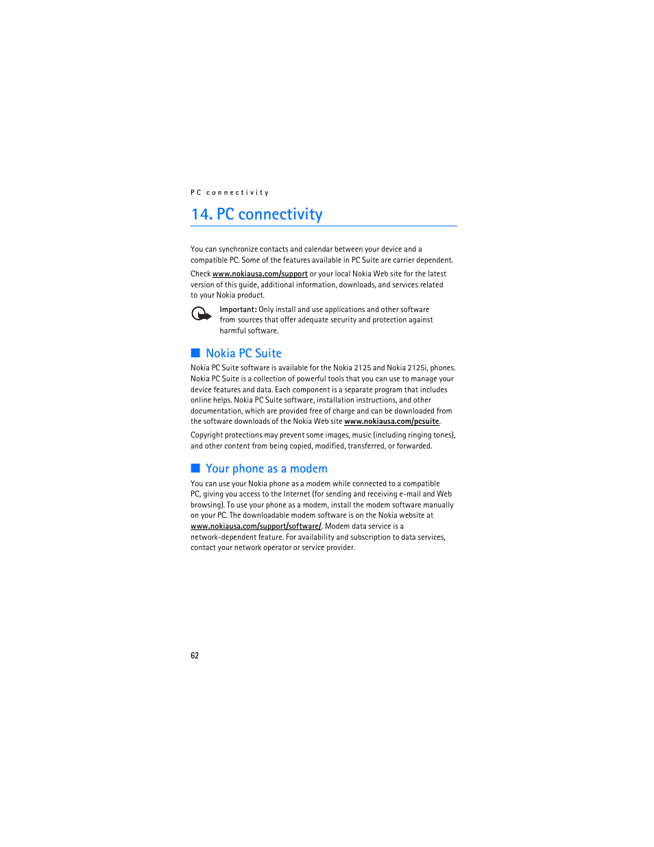 Pc connectivity, Nokia pc suite, Your phone as a modem | Nokia 2125i User Manual | Page 63 / 161