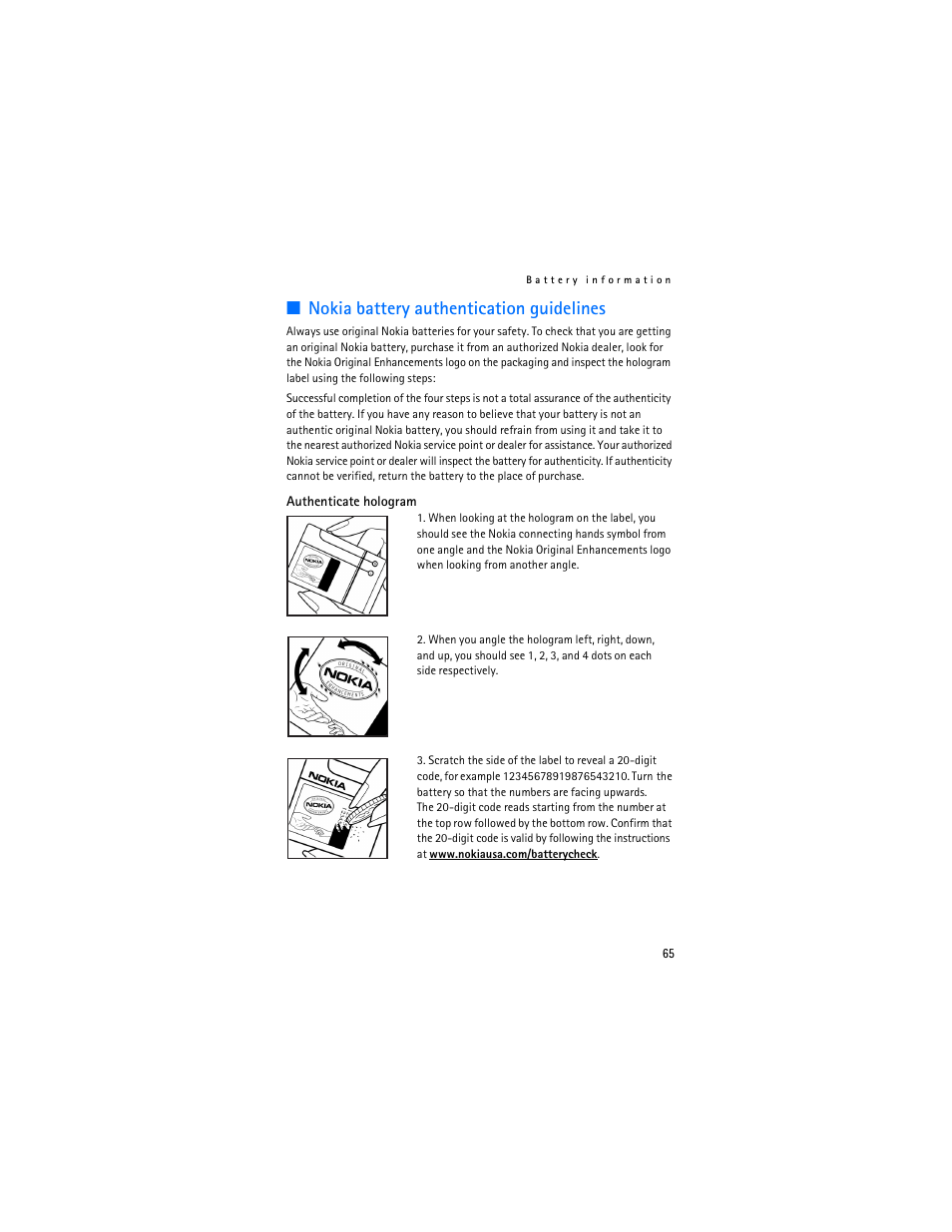 Nokia battery authentication guidelines | Nokia 2125i User Manual | Page 66 / 161