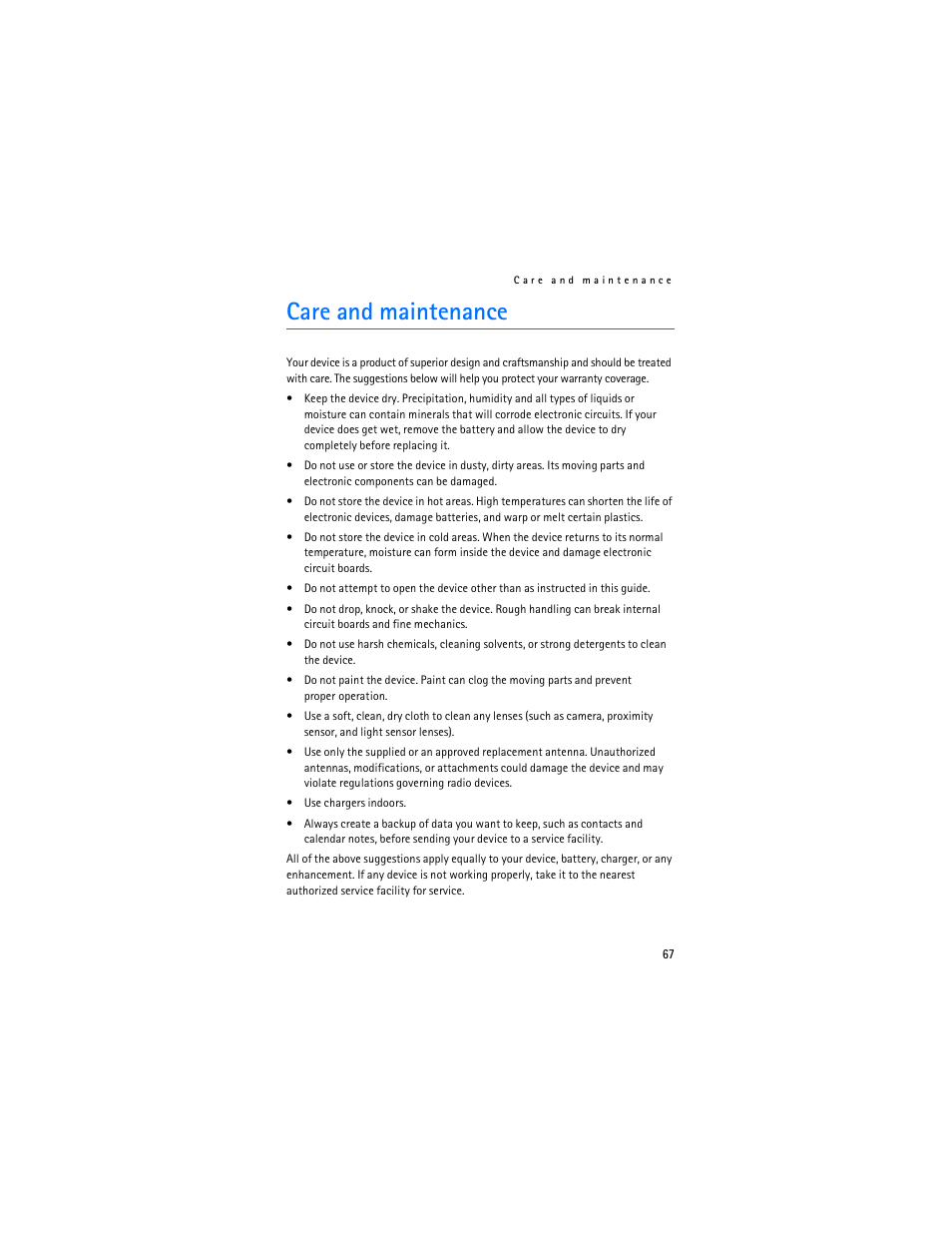 Care and maintenance | Nokia 2125i User Manual | Page 68 / 161