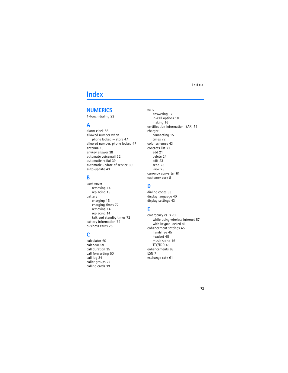 Index, Numerics | Nokia 2125i User Manual | Page 74 / 161