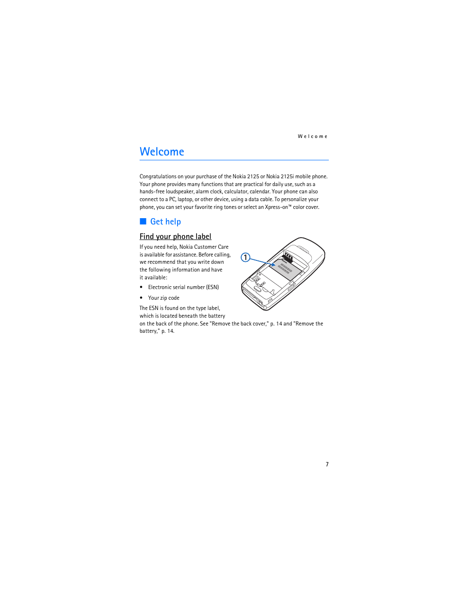 Welcome, Get help | Nokia 2125i User Manual | Page 8 / 161