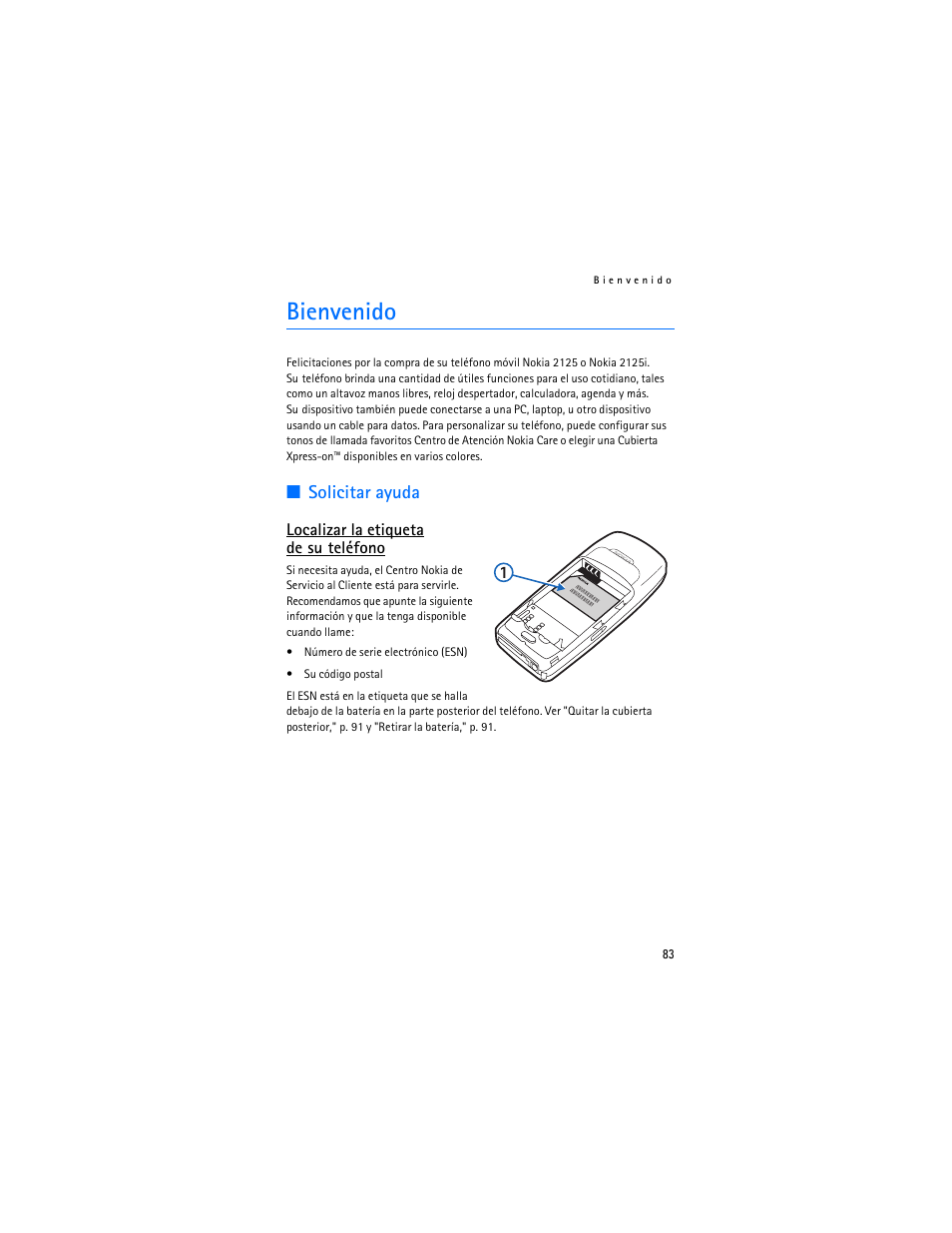 Bienvenido, Solicitar ayuda | Nokia 2125i User Manual | Page 84 / 161