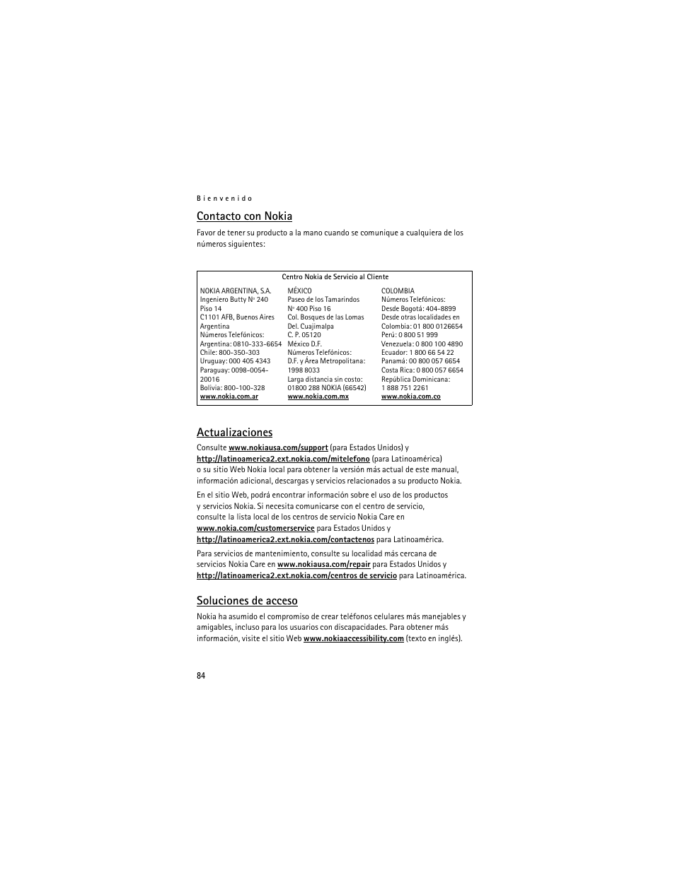Contacto con nokia, Actualizaciones, Soluciones de acceso | Nokia 2125i User Manual | Page 85 / 161
