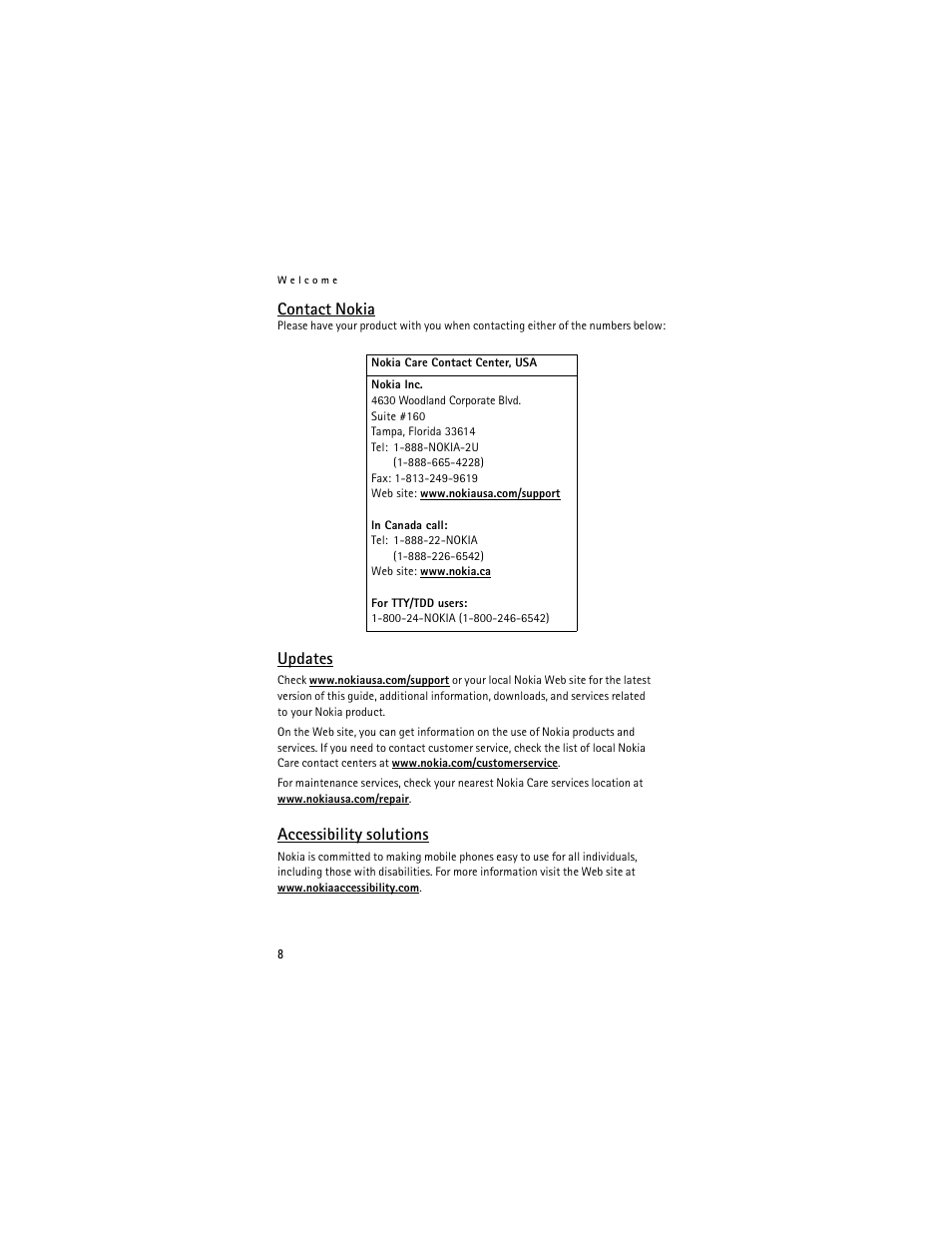 Contact nokia, Updates, Accessibility solutions | Nokia 2125i User Manual | Page 9 / 161