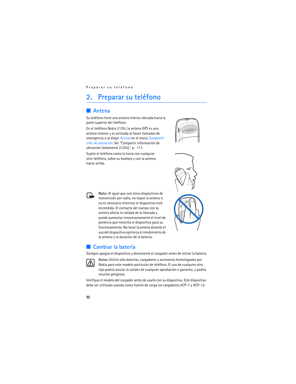 Preparar su teléfono, Antena, Cambiar la batería | Nokia 2125i User Manual | Page 91 / 161