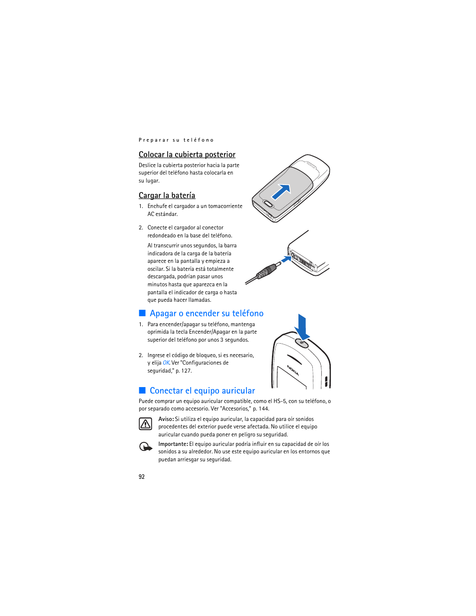 Apagar o encender su teléfono, Conectar el equipo auricular, Colocar la cubierta posterior | Cargar la batería | Nokia 2125i User Manual | Page 93 / 161