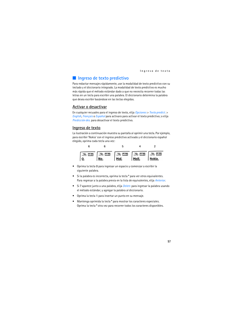 Ingreso de texto predictivo, Activar o desactivar, Ingreso de texto | Nokia 2125i User Manual | Page 98 / 161