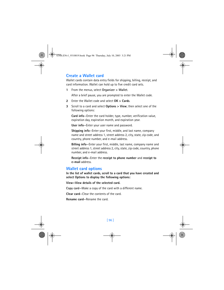 Create a wallet card, Wallet card options | Nokia 6340i User Manual | Page 103 / 169