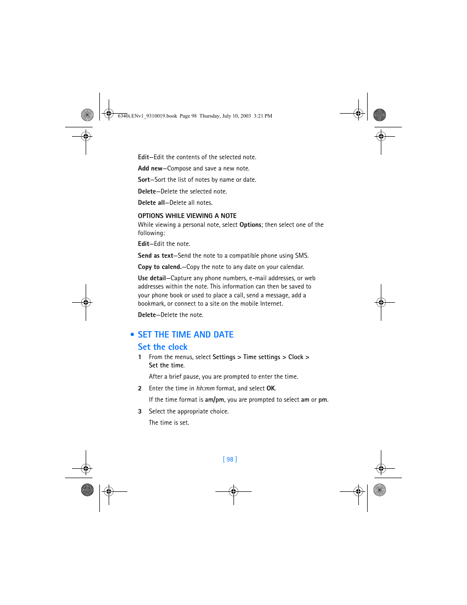Set the time and date, Set the time and date set the clock | Nokia 6340i User Manual | Page 105 / 169